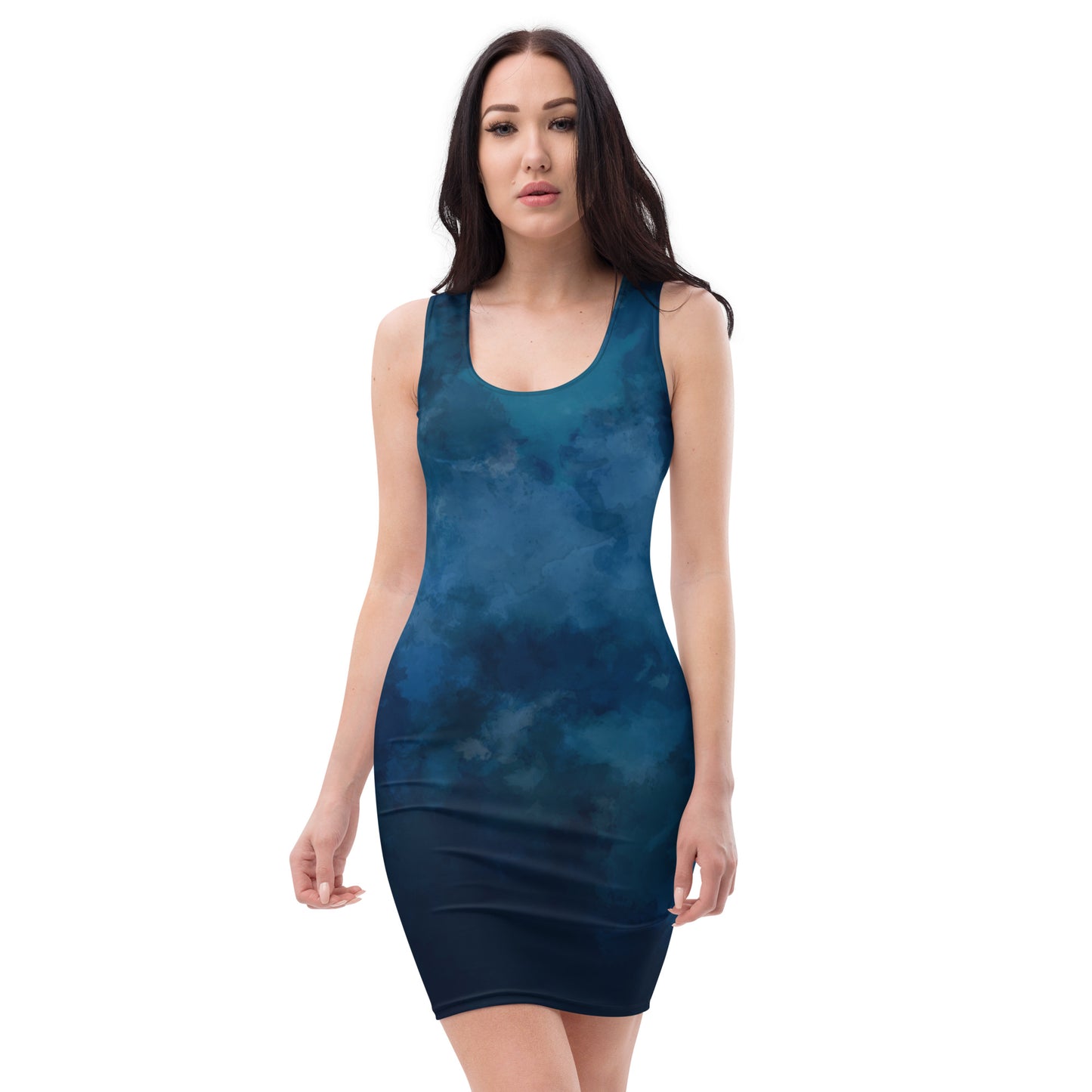 Mulher, vestido justo nublado azul escuro [PAPBD]