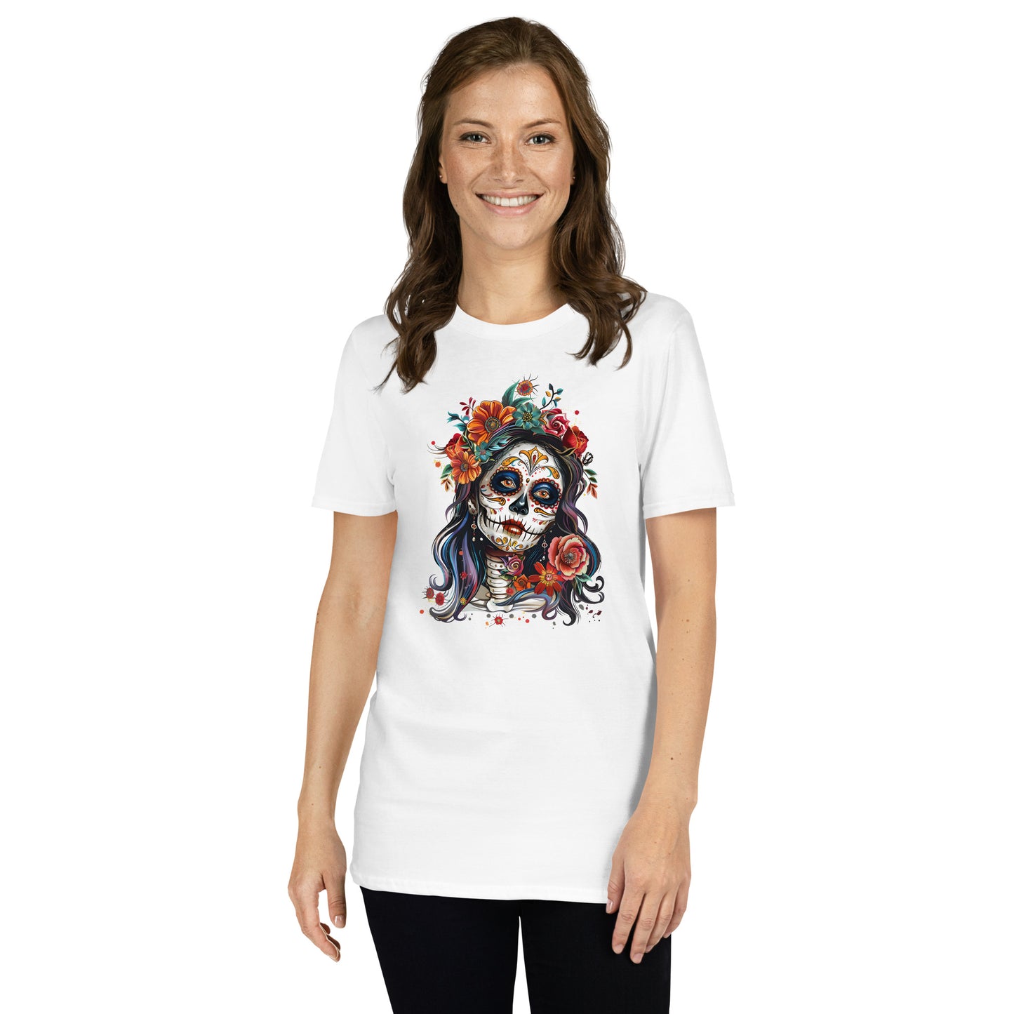 Mardi Gras, Día de los Muertos, mulher e flores [t-shirt PG640S]