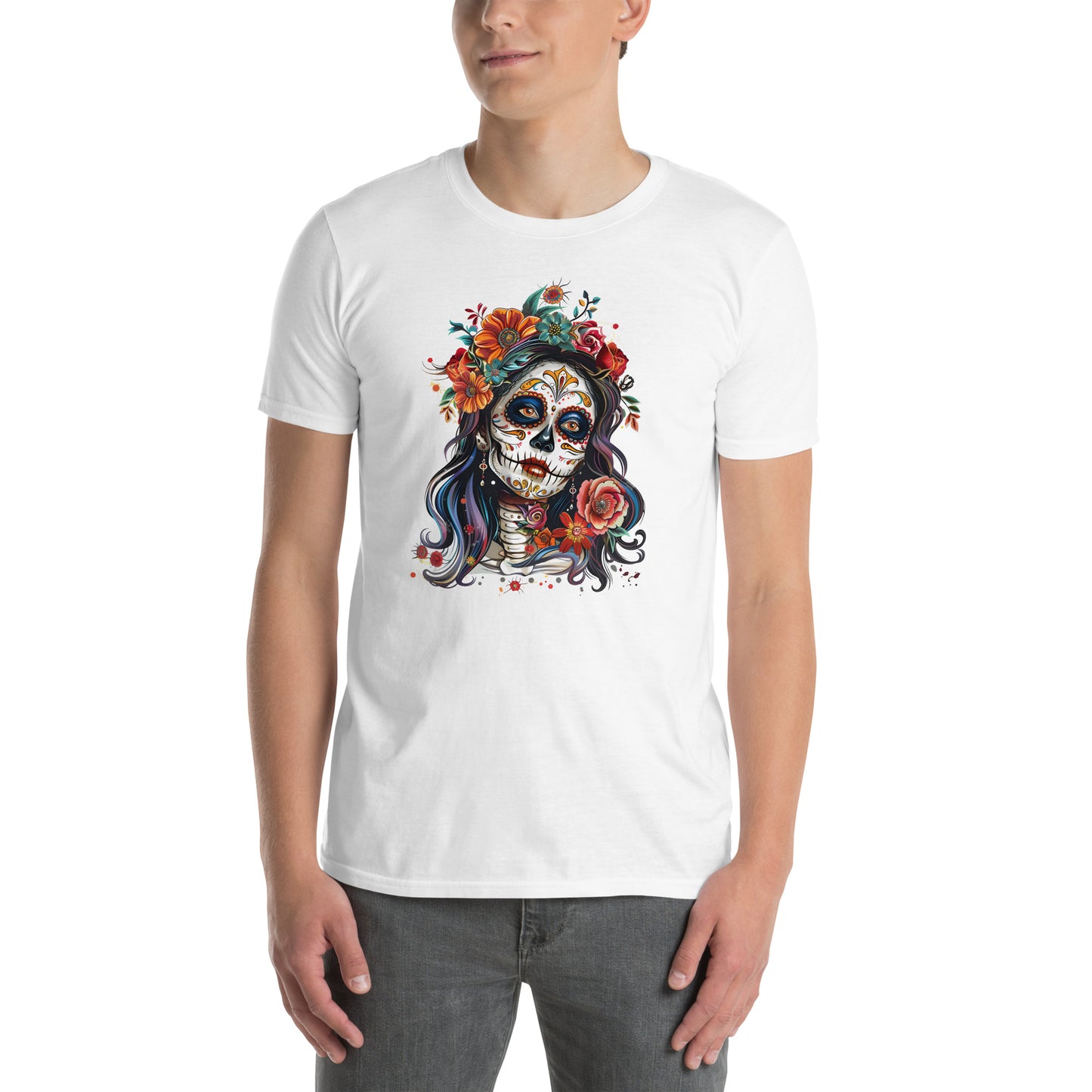 Mardi Gras, Día de los Muertos, mulher e flores [t-shirt PG640S]