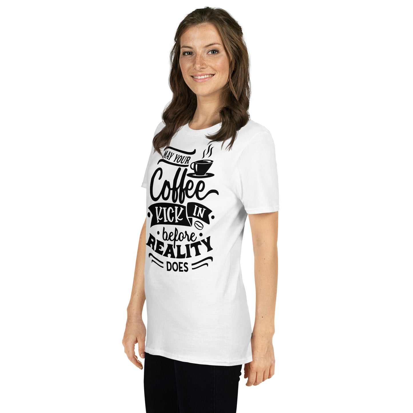 May your coffee kick in before reality does, t-shirt de adulto [PG640S]