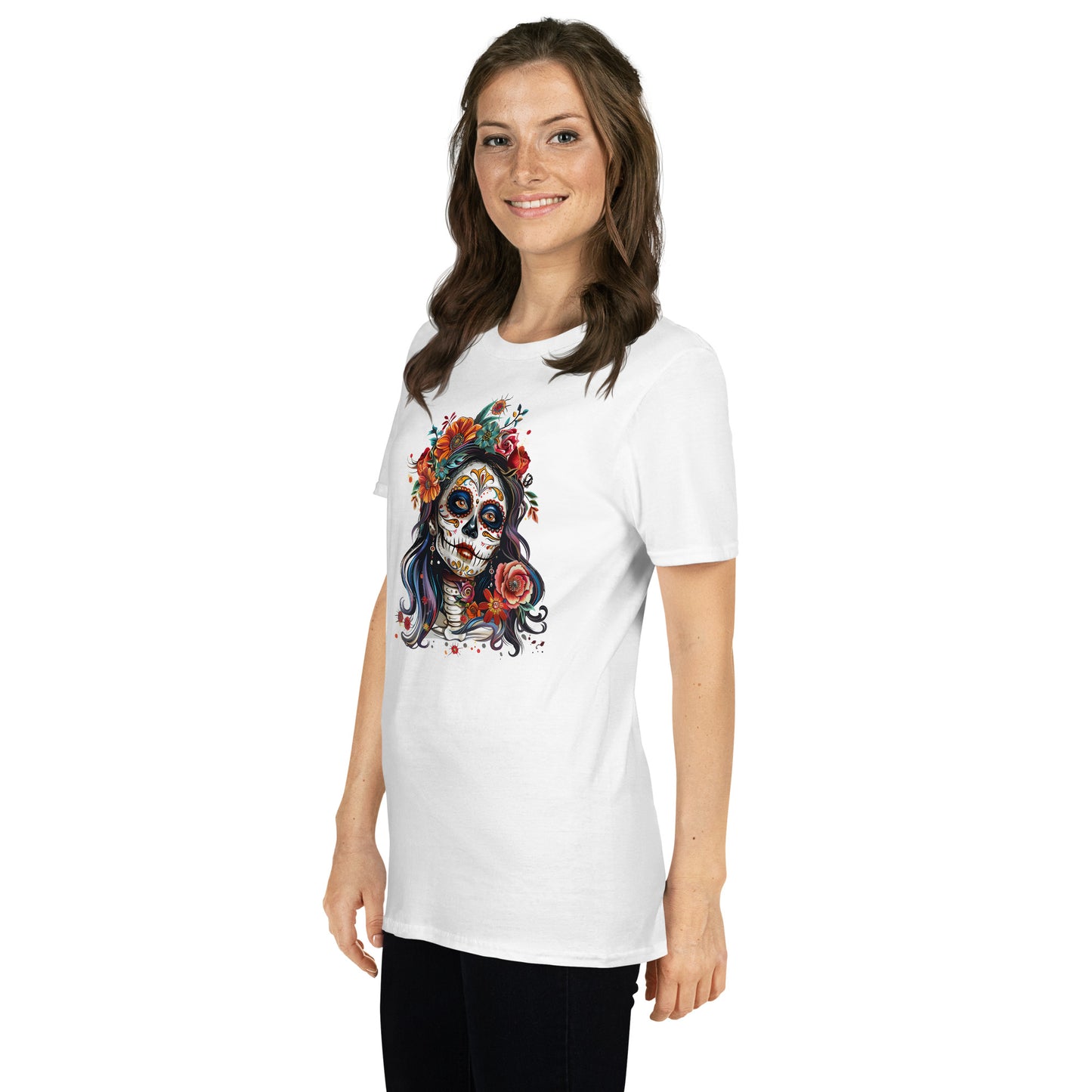 Mardi Gras, Día de los Muertos, mulher e flores [t-shirt PG640S]